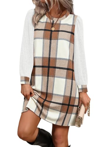 OFEEFAN Womens Long Sleeve Tunic Dresses 2026 Sweater Dress Fall Winter Brown Grid L — view 4