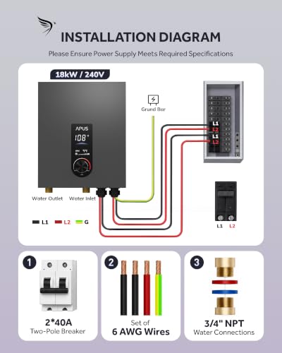 Image of APUS 18kW Tankless Water Heater Electric, 240V Instant On Demand Hot Water Heater, Up to 4.4 GPM with LED Display, Space-Saving and Energy-Saving Whole House Water Heater Design