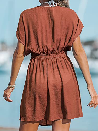 Image of CUPSHE Women's Swimsuit Coverup Casual V Neck Beach Dress Short Sleeve Elastic Waist Swimwear Cover Ups 2026 Beachwear
