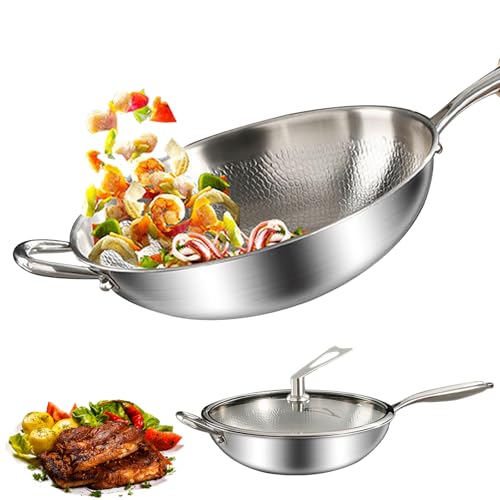 Edelstahl Wokpfanne 30 cm mit Deckel Bratpfanne,Verdickt Ultra-Haltbar Titan Bratpfanne Edelstahl Wokpfannen mit Deckel induktionsgeeignet,Backofenfest bis 400°C,Unbeschichtet