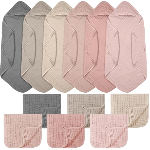 Image of VitalCozy 12 Pcs Baby Muslin Hooded Bath Towels and Washcloths, Muslin Hooded Baby Towels Absorbent Blankets for Gift Newborn Infant Shower (Pastel)