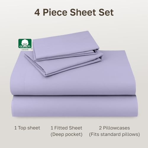 Image of Natural 100% Cotton Full Sheets Set, Soft, Durable Sateen, Lavender | Good Housekeeping Seal, Lightweight, Breathable, For Hot Sleepers, 4pc Set, 14 inch Deep Pockets, All-around Elastic, OEKO-TEX