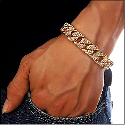 Foaume Fashion Cool Cuban Chain Bracelet Heavy Duty Bracelet Gold Light Bracelet Men Women Hip Hop Bracelet Gold Chain Bracelet 18K Gold Plated Bracelet With Clear Rhinestones #TOP5