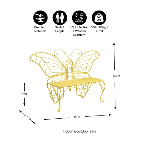 Plow & Hearth Weatherproof Butterfly Outdoor Bench | Holds Up To 300 Lbs | Garden Patio Porch Park Deck | Metal | Yellow #TOP2