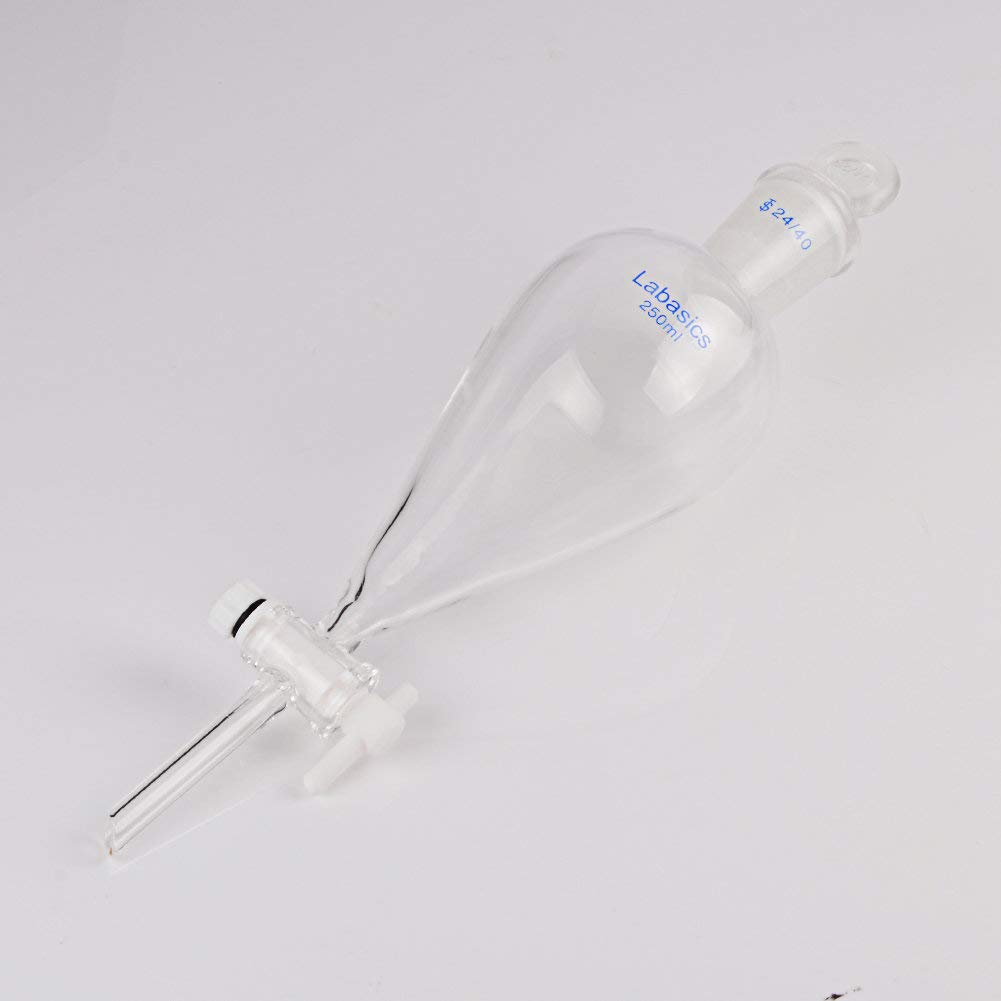 Borosilicate Glass 250ml Conical Separatory Funnel with PTFE Stopcock, 250mL