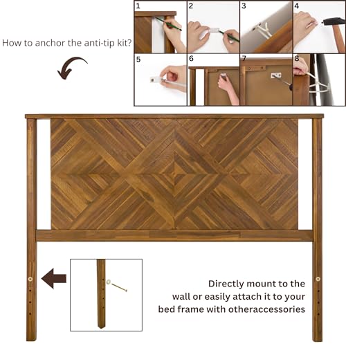 Image of Bme Ethan Diamond Queen Headboard ONLY, Rustic and Scandinavian Style, Solid Acacia Wood, Easy Assembly, Queen Size Headboard Option Available, Classic Design for Bedrooms, Rustic Brown