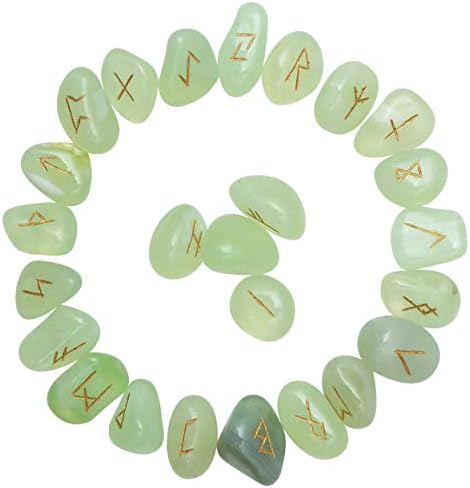 Crocon Amethyst Gemstone Engraved Rune Stones Set (25 Pcs) with Elder Futhark Alphabets & 1 Amethyst Pendulum| Size: 15-20 mm