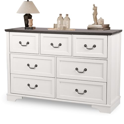 Farmhouse-7-Drawers-Dresser-for-Bedroom-47-Wide-Wood-Rustic-Chest-of-Drawers-with-Natural-Texture-Vintage-Closet-Storage-Dressers-Organizer-for-Bedroom-Living-Room-Hallway-Antique-White Farmhouse 7 Drawers Dresser for Bedroom 47 Wide Wood Rustic Chest of Drawers with Natural Texture Vintage Closet Storage Dressers Organizer for Bedroom Living Room Hallway Antique White