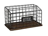 Rae Dunn Desktop Letter Holder – 2 Compartment Mail and Stationary Table Top Organizer – Chic and Stylish Galvanized Steel and Solid Wood - “Letters” Print - for Home and Office