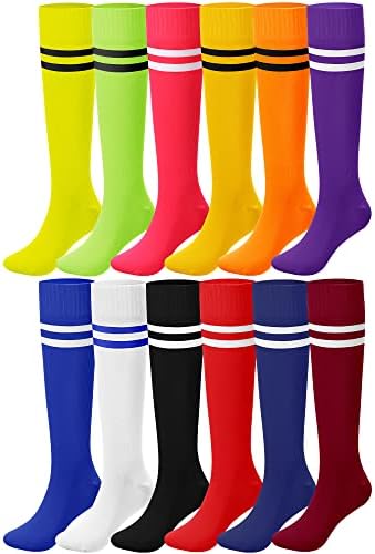 Foaincore 12 Pairs Kids Soccer Socks Boys Girls Knee Athletic High Tube Socks Cotton Striped Socks for Soccer and Daily Wear (Multi Colors, Small)
