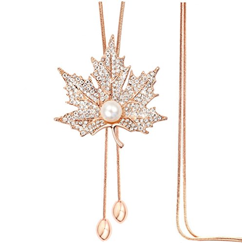 Sweet Crystal Maple Leaf Pendant Necklace Pearl Adjustable Bohemian Style Flower Tassel Long Chain Sweater Necklace (Alloy-Plated-Rose Gold) #TOP7