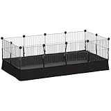 PawHut Valla Metálica para Mascotas de 12 Paneles, Jaula para Animales Pequeños, Forma Personalizable, Alfombrilla Impermeable, Parque para Cobayas, Erizos, 120x60x40 cm, Negro