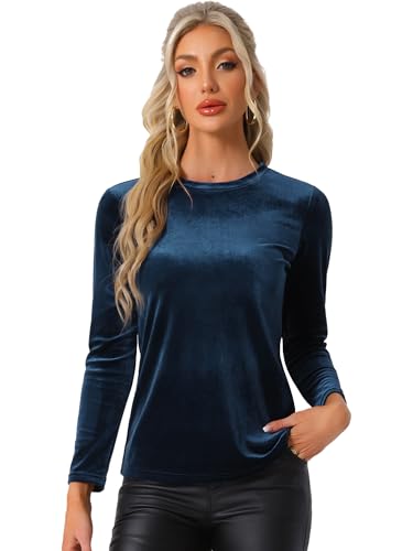 Allegra K Women's Casual Velvet Blouse Stretchy Long Sleeve Saree Top Dark Blue M