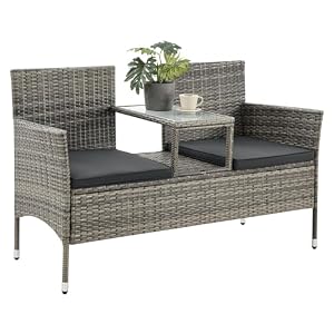 Juskys Polyrattan Gartenbank Monaco - 2-Sitzer Bank mit Tisch & Kissen - 133x63x84 cm - Rattan Sitzbank wetterfest Garten Balkon - grau-meliert