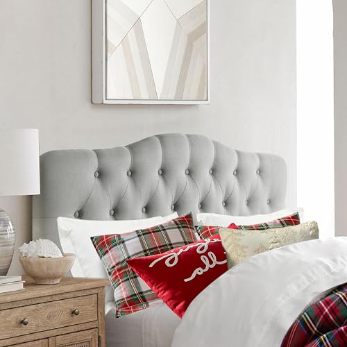 Rosevera Givanna Adjustable Height Headboard with Linen Upholstery and Button Tufting for Bedroom, Queen, Light Gray