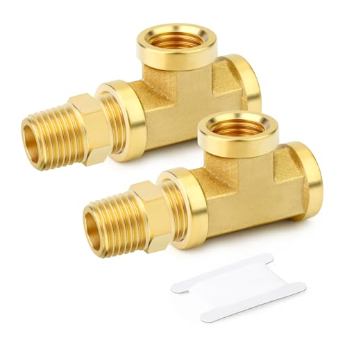 Image of GASHER 2PCS Brass Tee Pipe Fittings, 1 /4 inch NPT Female x 1 /4 inch NPT Female x 1 /4 inch NPT Male Pipe Fittings, Male Run Tee