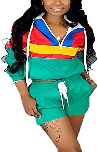 VOIKERDR Women Colorblock 2 Piece Tracksuit Set Long Sleeve High Waist Pants Set colour sweatsuit Green XXL