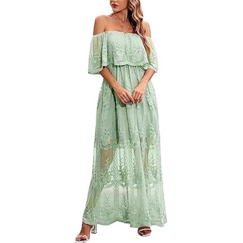 MERMAID'S CLOSET Women's Off Shoulder Lace Maxi Dress Boho Wedding Party | Romantic off-shoulder embroidered lace dress,perfect for brides, maternity photoshoot,wedding engagement party or night out