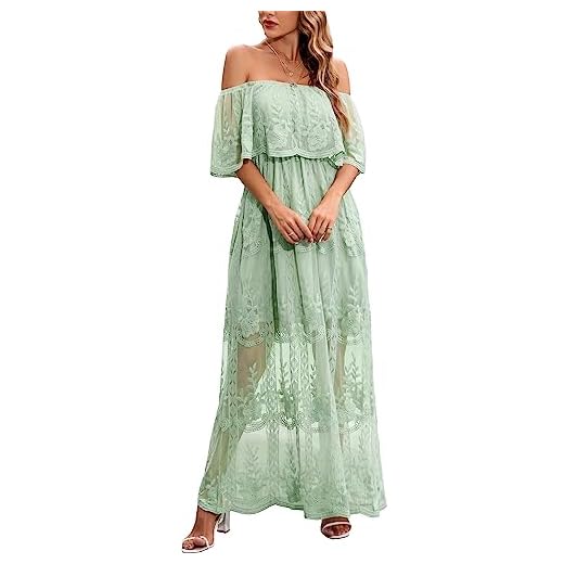Vestido longo feminino casual de renda com ombro de fora, boêmio, branco, dama de honra, casamento, festa noturna, Verde, P