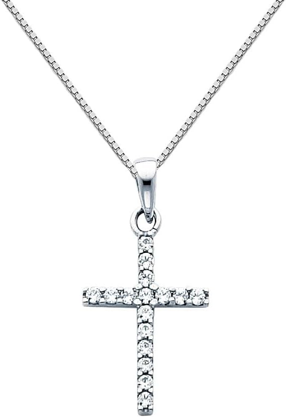 The World Jewelry Center 14k White Gold Religious Cross CZ Pendant with 0.65mm Box Link Chain Necklace