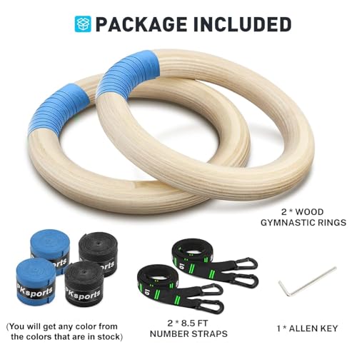 Image of Birch Wood Gymnastic Rings with Adjustable Number Straps, Crossfit Rings for Gym, Workout, Exercise, Outdoor Training, Quick Install Carabiner, 8.5 ft Straps Pull Up Non-Slip Rings