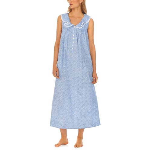 Lanz of Salzburg Sleepwear for Women Sleeveless Cotton Dream Long Pajama Nightgown - Peri Blue Daisy X-Large