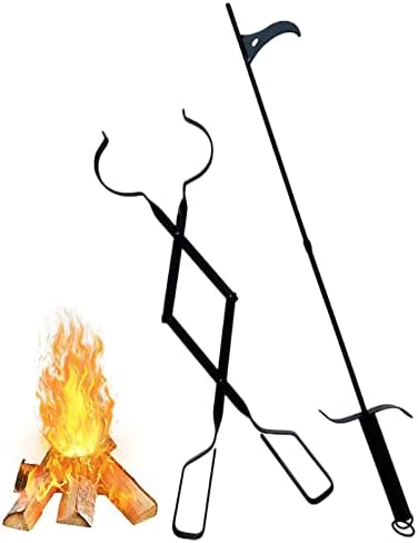 WOUFENG 32 Inch Fireplace Poker and 25 Inch Fireplace Tongs Set for Fire Pit Fireplace Tools Accessories Log Grabber Set for Camping Wood Stove Patio Campfire Picnic Indoor and Outdoor