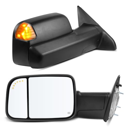 LLPTA Drive & Paasenger Towing Mirrors - Compatible with 2009-2018 Dodge Ram 1500 2500 3500 - Power Heated Turn Signal Puddle Lamp Arrow Signal Temperature Sensor Side View Mirrors - Black Texture