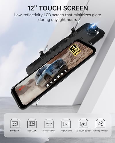 WOLFBOX Dashcam 4K + 2,5K für Rückspiegel: Front- und Rückspiegel Dashcam für Auto mit 12 Zoll Bildschirm, WDR Kamera, Nachtsicht, 64GB Karte und gratis GPS