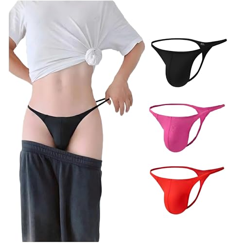 CELESTIX Mens Thong- Ultra Soft Nylon T-Back G-String for Comfort & Support Sexy Low Rise Underwear Black/Pink/Red 3 Pcs(M)
