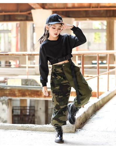 Rolanko Girls Camo Cargo Jogger Pants with Pocket, Kid Hip Hop Street Dance Camouflage Cargo Pants for Girl (CamoGreen, 12-14)