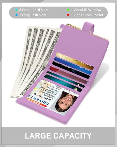 Womens Wallet, RFID Small Slim Wallets for Women, Compact Credit Card Holder, Cute Leather Bifold Ladies Purse with Zipper Coin Pocket and ID Window, Purple3