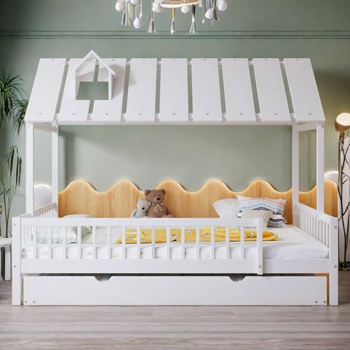 Sapgaks Cama cabaña infantil 120 x 200 con cama nido y litera infantil de 120 x 200 madera, cama entrepiso de 2 plazas con somier de láminas, con barrera, cama entrepiso con almacenamiento, pino + MDF
