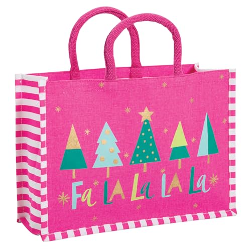 Fun Express Pink Laminated Canvas Christmas Tote Bag with Trees Design, Large 14 x 10 Inch Holiday Gift Bag, Fa La La Theme