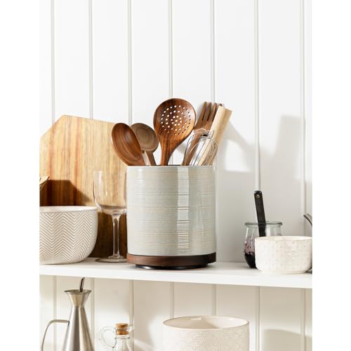 Image of Utensil Holder, 360 Rotating Extra Large Ceramic Kitchen Utensil Holder for Countertop, 7.3 inch Cooking Utensil Crocks with Rotatable Wooden Base, Farmhouse Decor, Dusty Gray