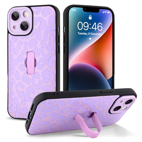 Jefonha Cute for iPhone 14 Case with Strap Stand, Purple Leopard