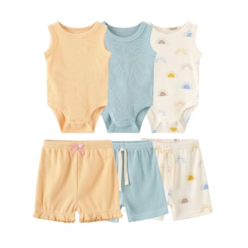 Kiddiezoom Baby Girls'Layette Set 6-Piece Unisex Bodysuits Pants Set Toddler Girl Gift Sets