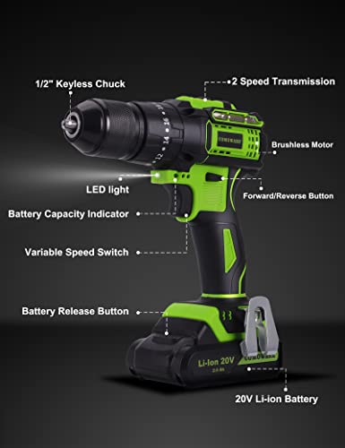 Comoware Brushless Drill, 20V Cordless Drill With 1/2” Keyless Chuck, Power Drill, Max 530 In-Lbs Torque, 2 X 2.0Ah Li-Ion Batteries, 1-H Fast Charger, 20+2 Position And 23Pcs Accessories #TOP3