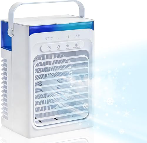 Mini Climatiseur Portable, Climatiseur Mobile 1000ml, 4 en 1 Refroidisseur d'air, Mini Clim Portative Ventilateur Brumisateur avec 3 Vitesses, Minuteur, Petite Clim pour Chambre