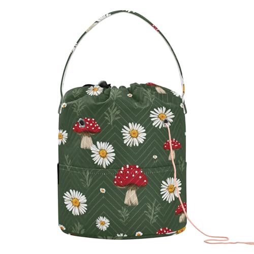 Image of Tatenale Crochet Bag Yarn Bag Knitting Project Bag with Pockets and Handle Portable Yarn Storage Organizer Tangle Free 8.3x11 InchBoho Mushroom Daisy Green08