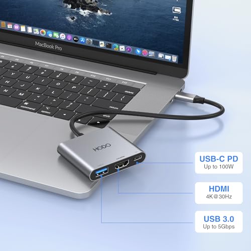 HODO USB C HDMI Adapter, USBC Digital AV Multiport Hub mit 4K HDMI, USB 3.0, Type-C 100W PD für iPad/MacBook/Samsung S24/Surface/HP