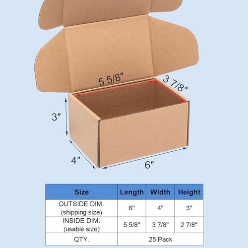 Wowxyz Shipping Boxes 6x4x3\" 25 Pack - Brown Kraft Corrugated Cardboard Box Mailers for Small Business, Literature Mailer Box Packaging Supplies Mailing Box