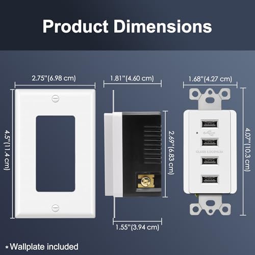 BESTTEN USB Receptacle Outlet, 4.2A/21W High-Speed 4 Port USB Wall Charging Outlet 125VAC Input, Quad Type-A Ports with LED Indicator, Decorator Wallplate Included, UL Listed, White by BESTTEN - Image 7