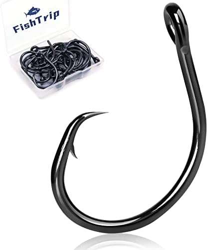 FishTrip Circle Hooks Saltwater 25pcs,in-Line Circle Fishing Hooks 3X Strong for Catfish,Black/High Carbon Steel/Non-Offset/Closed Eye/Wide Gap for Striped Bass Salmon (Size 1/0)