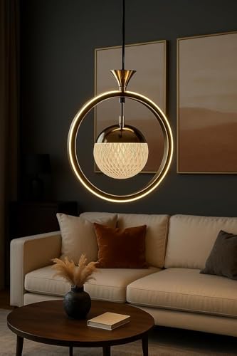 Image of Modern LED Ring Pendant Light with Textured Glass Globe - 3 Color Changing (White /Warm /Natural White) - Adjustable Hanging Ceiling Light for Bedroom, Living Room & Dining