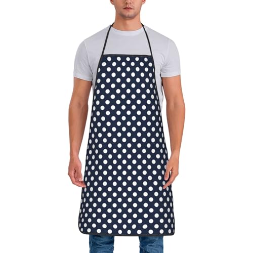 Lavoro & Cottura Uso: Funziona bene per polka-Dots-White-On-Navy-01 Grembiule stampa per cucinare in cucine, hotel, ristoranti, negozi di bevande e barbecue setup, adatto per cucinare routine grembiule e un look da chef