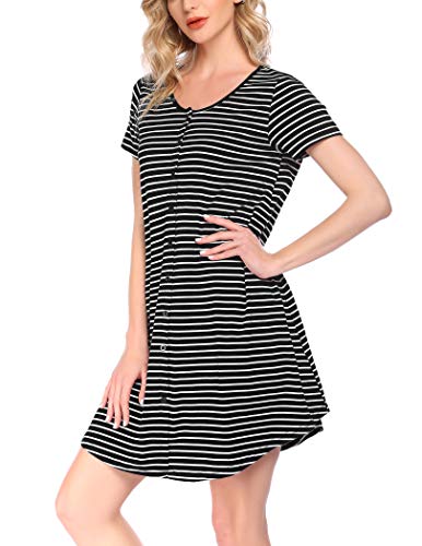 Hotouch Button Up Nightgowns For Women Short Sleeve Night Dress Comfy Pajama Set Black M #TOP1