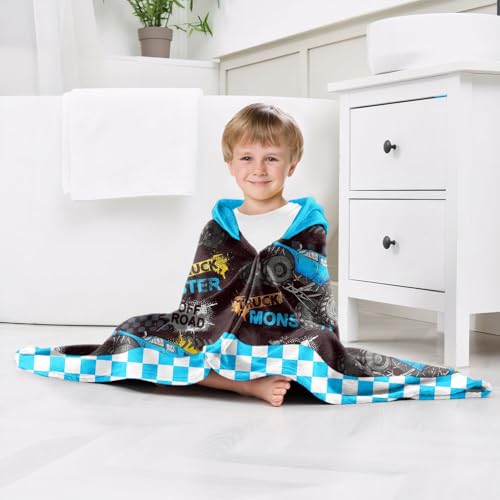 Image of Car Blue Boys Beach Towel with Hoodie for Kids Toddlers Age 4-8, Engineering Vehicle Bath Towels Shower Wrap for Boys, Hooded Poncho Beach Blanket for Pool Swimming Wearable Bath Towel for Child