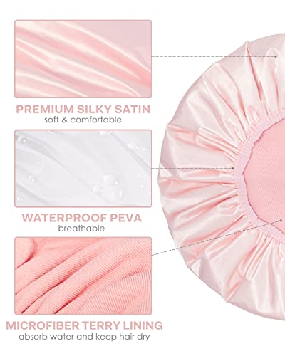 Aquior Shower Cap,Triple Layer Shower Cap for Women Reusable Waterproof Bath Cap,Silky Satin Outer Layer Terry Lining - Image 3