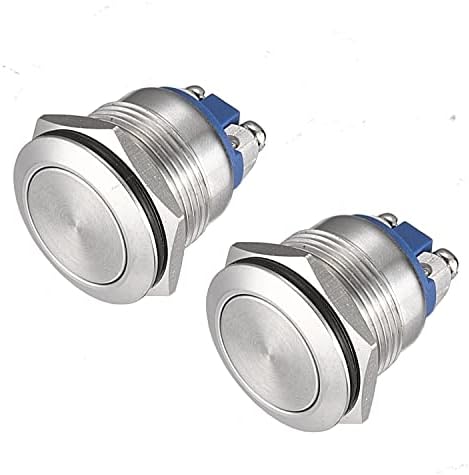APIELE Push Button Switch 19mm Momentary Waterproof Stainless Steel Metal Flat Top 12V 24V 36 DC 110V 250V AC 5A 1NO SPST Screw Terminal (Pack of 2)